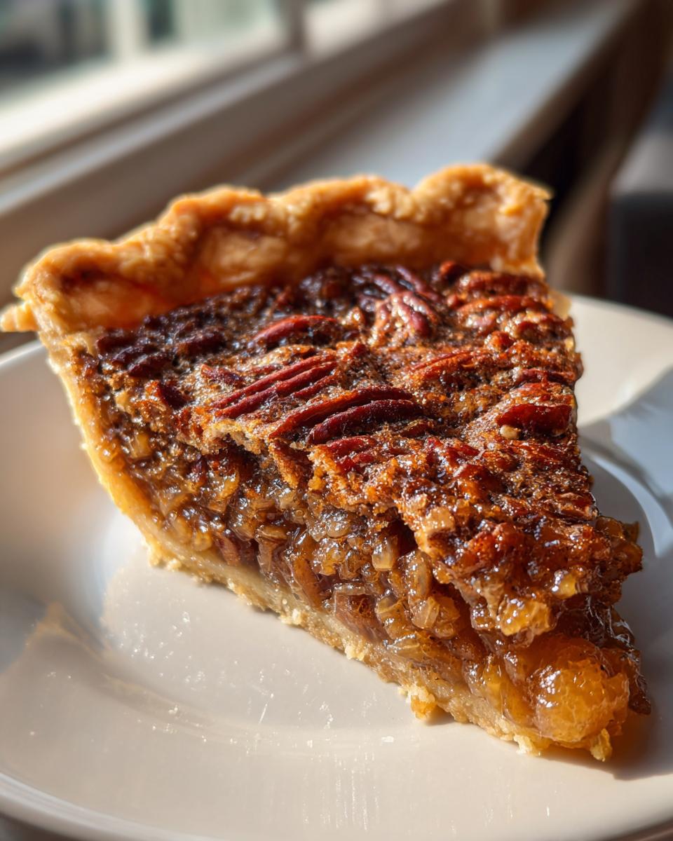 Close-up of a gooey slice of amazing pecan pie with a flaky crust, sitting on a white plate near a window.