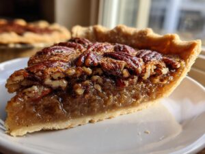 Close-up of a slice of amazing pecan pie showing the gooey filling and toasted pecans on a white plate.