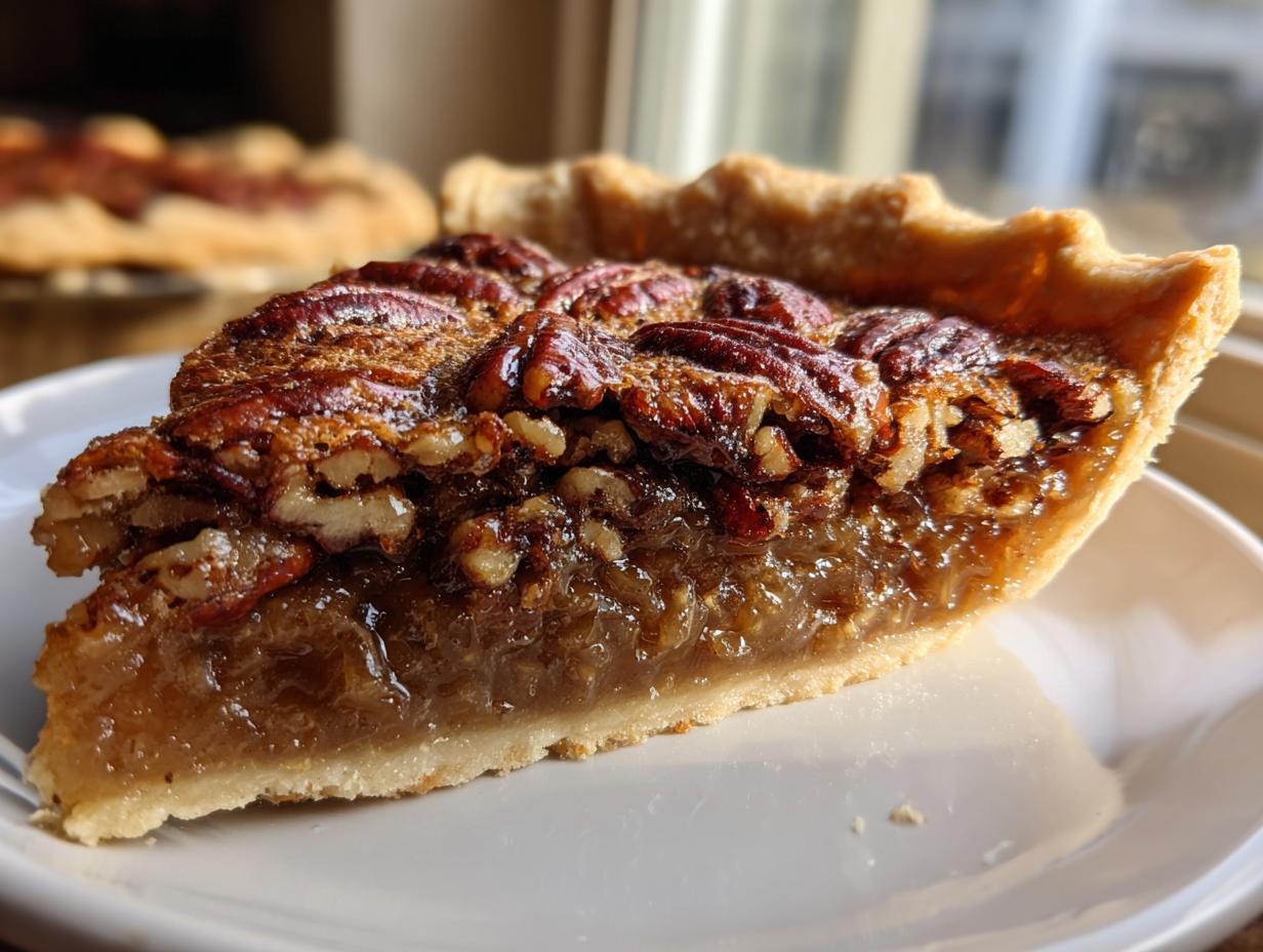 Close-up of a slice of amazing pecan pie showing the gooey filling and toasted pecans on a white plate.