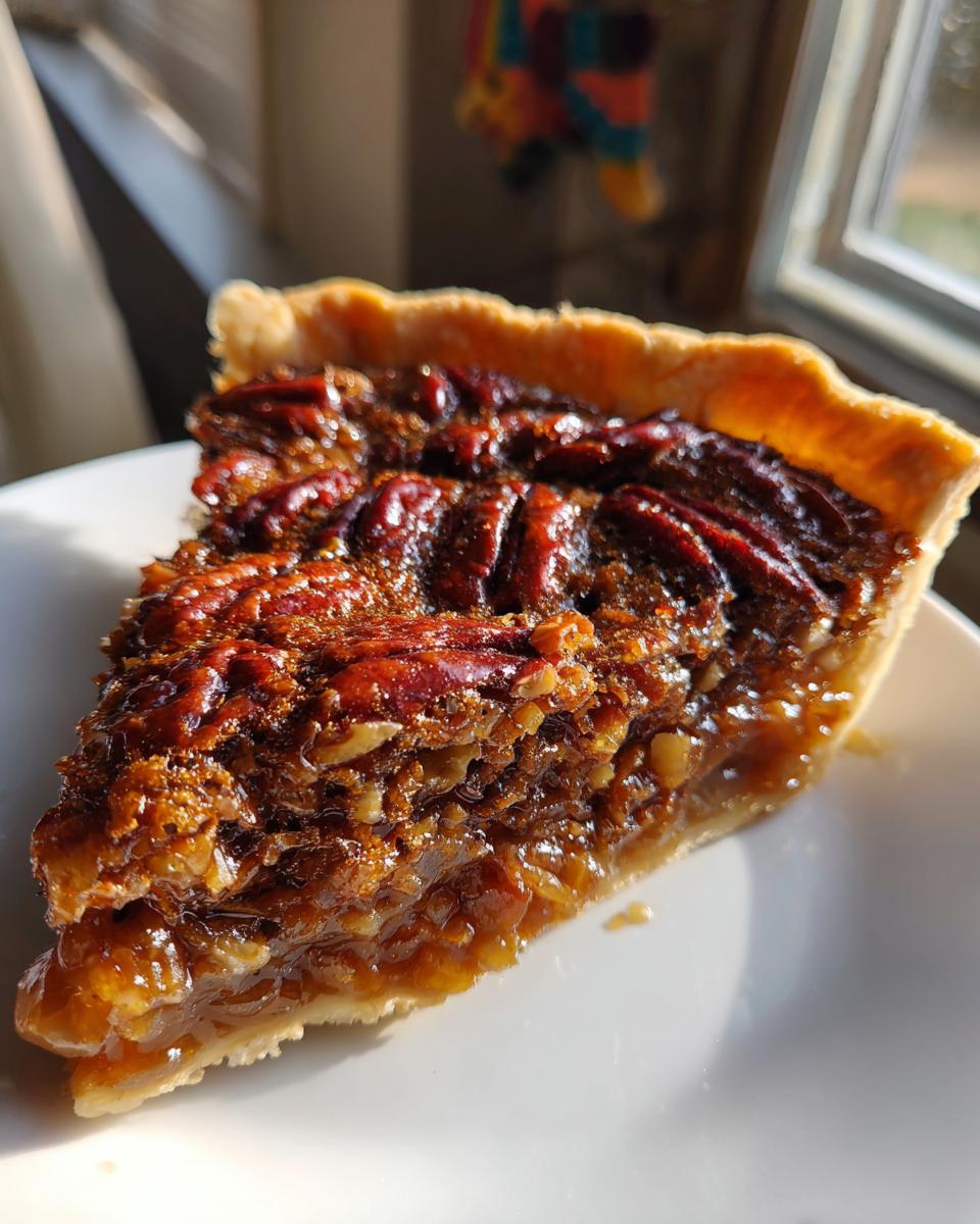 Close-up of a gooey slice of amazing pecan pie showing the caramelized filling and whole pecans.