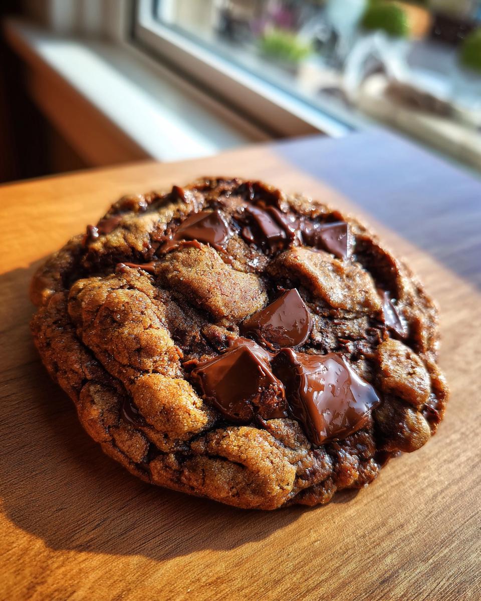A close-up, sunlit photo of a thick sourdough chocolate chip cookie with melted chocolate chunks.