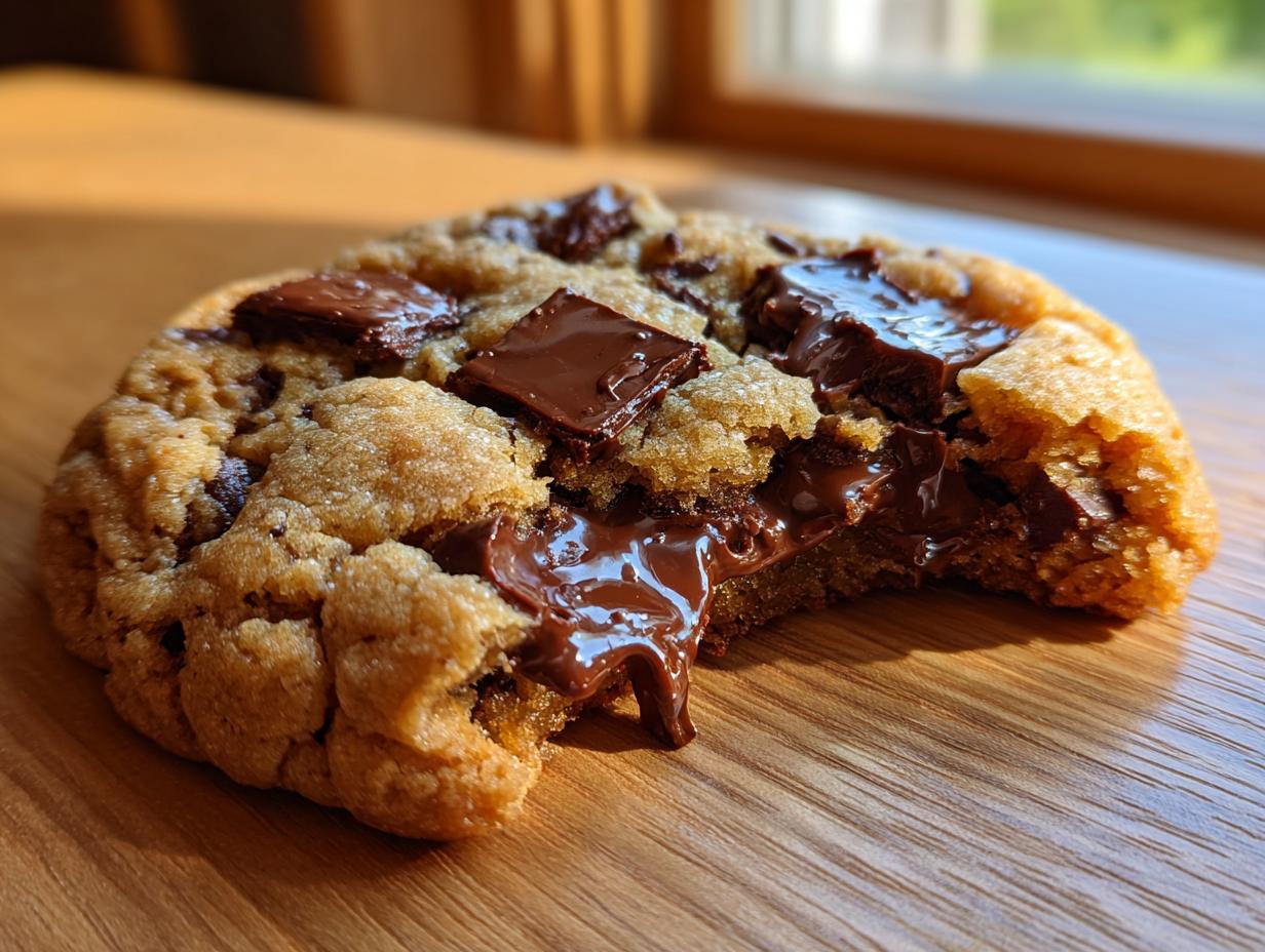 Close-up of a freshly baked sourdough chocolate chip cookie with melted chocolate oozing out.