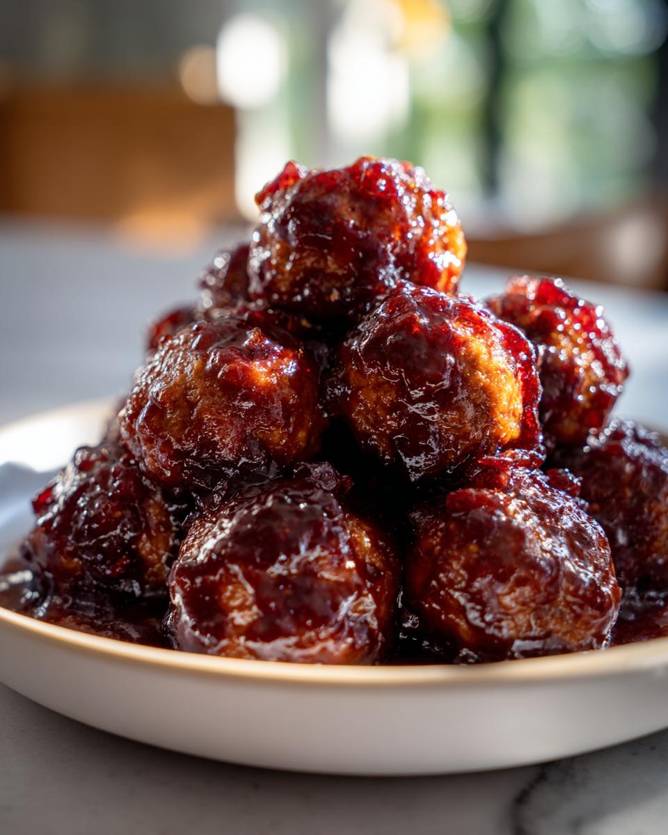 A close-up of a pile of glistening grape jelly meatballs coated in a thick, dark, sweet sauce, served in a shallow white bowl.