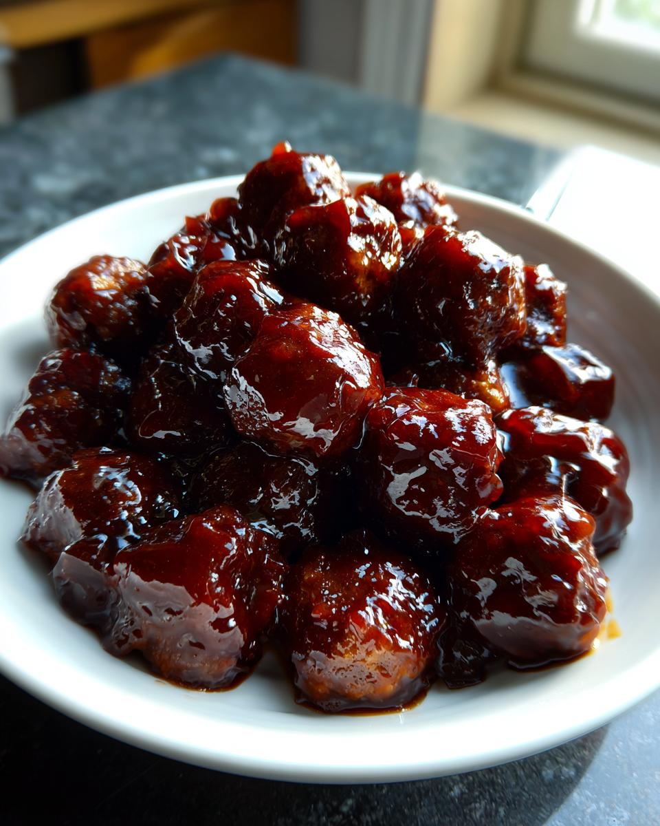 A close-up of glistening, saucy grape jelly meatballs piled high in a small white serving bowl.