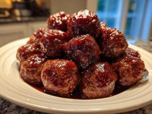 A mound of juicy grape jelly meatballs glistening with a dark, sweet glaze, served on a white plate.