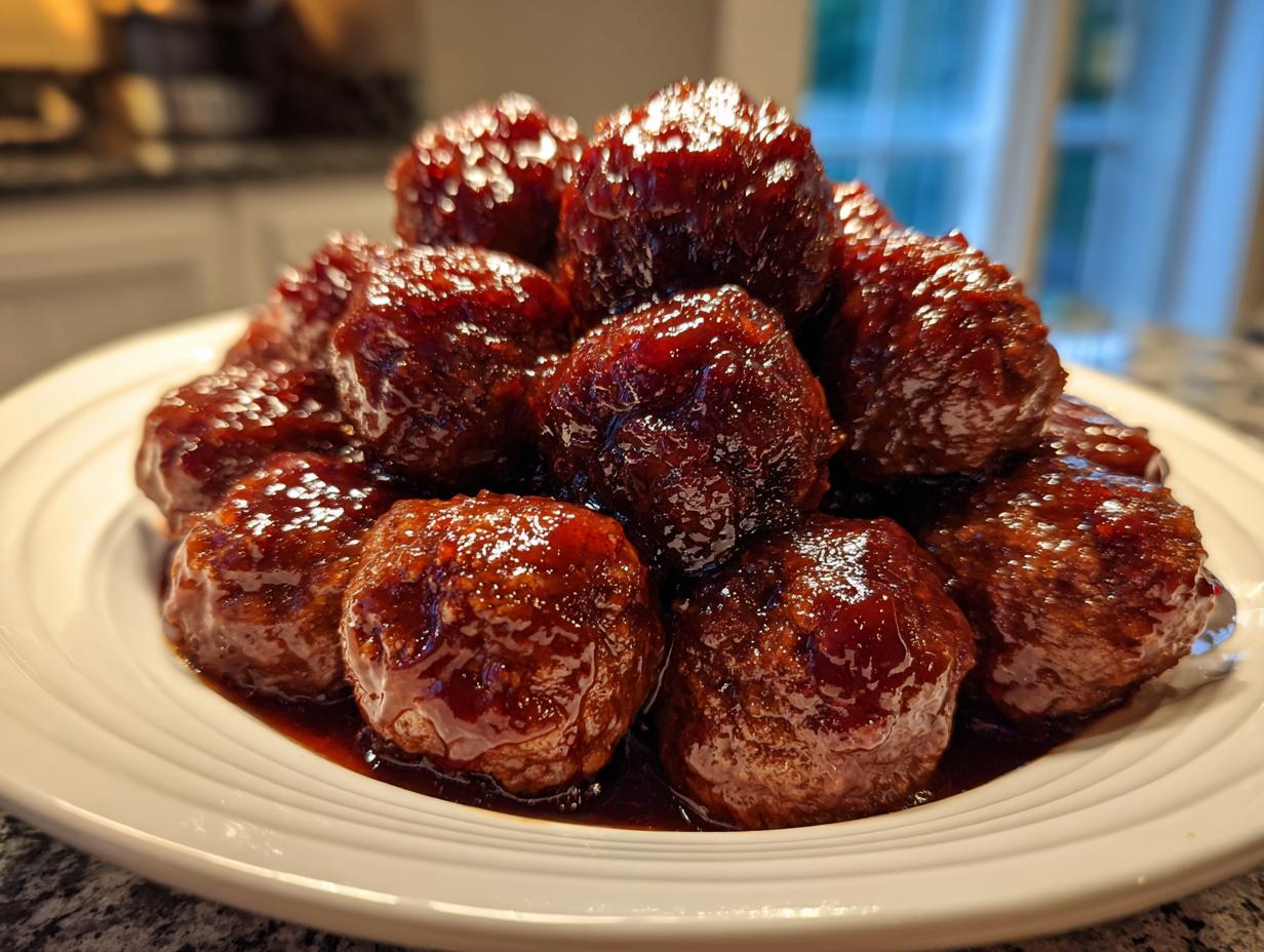 A mound of juicy grape jelly meatballs glistening with a dark, sweet glaze, served on a white plate.
