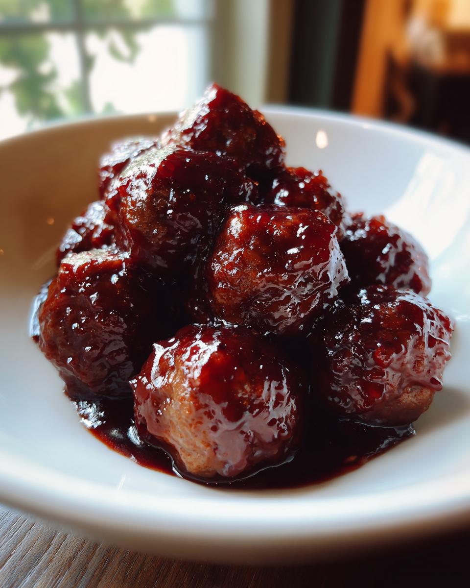 A close-up of several moist grape jelly meatballs piled high in a white bowl, glistening with dark, sweet sauce.