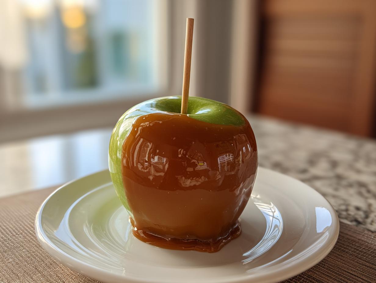 A single, glossy green apple covered in rich caramel, served on a white plate. A stick is inserted for eating the caramel apples.