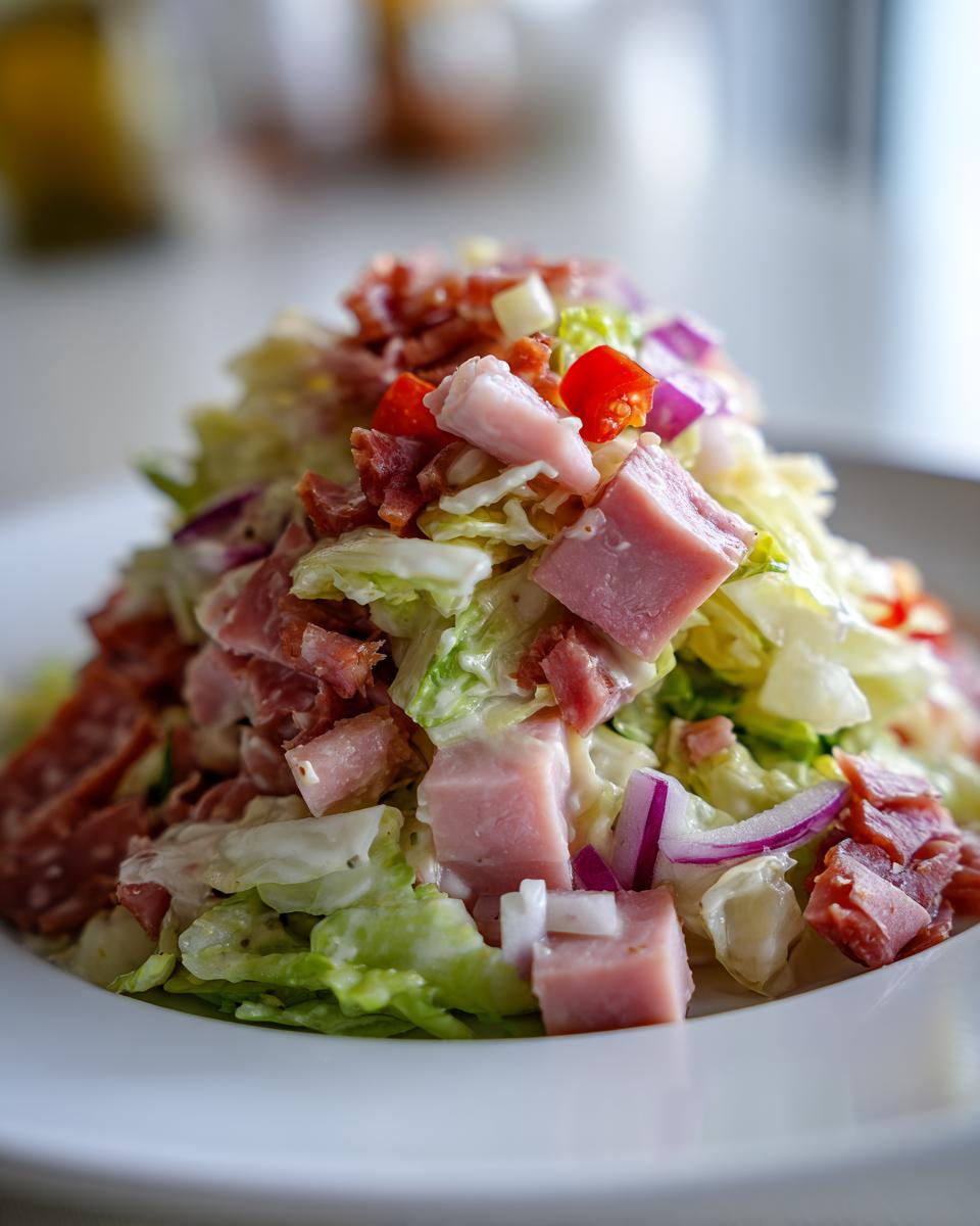 Close-up of a hearty grinder salad featuring chopped lettuce, cubes of ham, salami, red onion, and creamy dressing.
