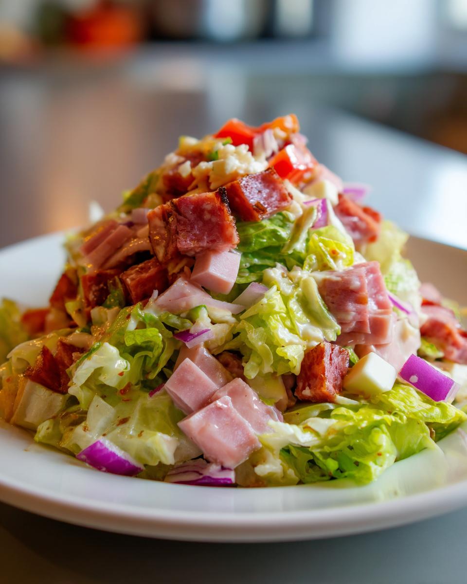 A mound of fresh grinder salad featuring chopped lettuce, ham, salami, red onion, and cheese, tossed in dressing.