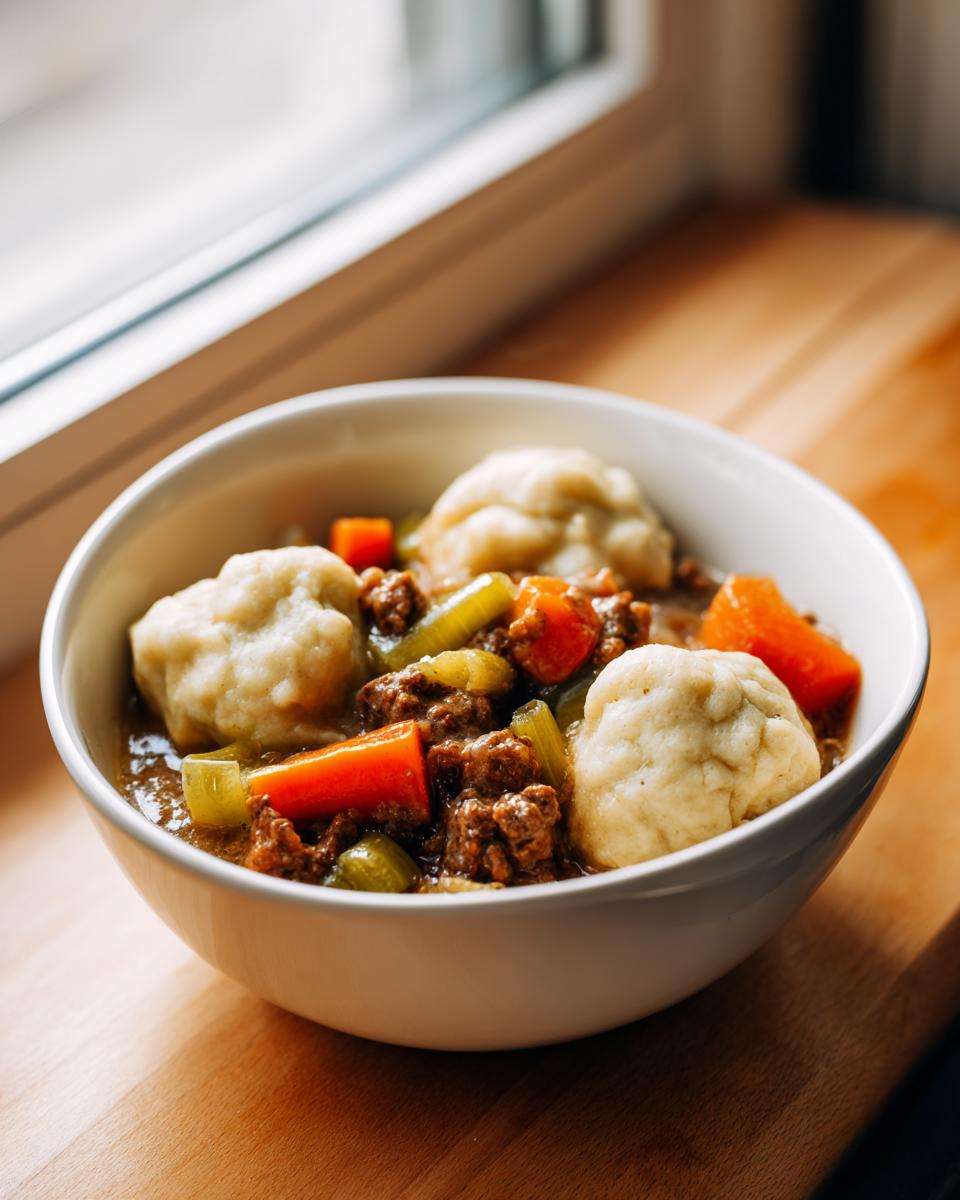 A close-up of a white bowl filled with hearty ground beef and dumplings stew, featuring carrots and celery.