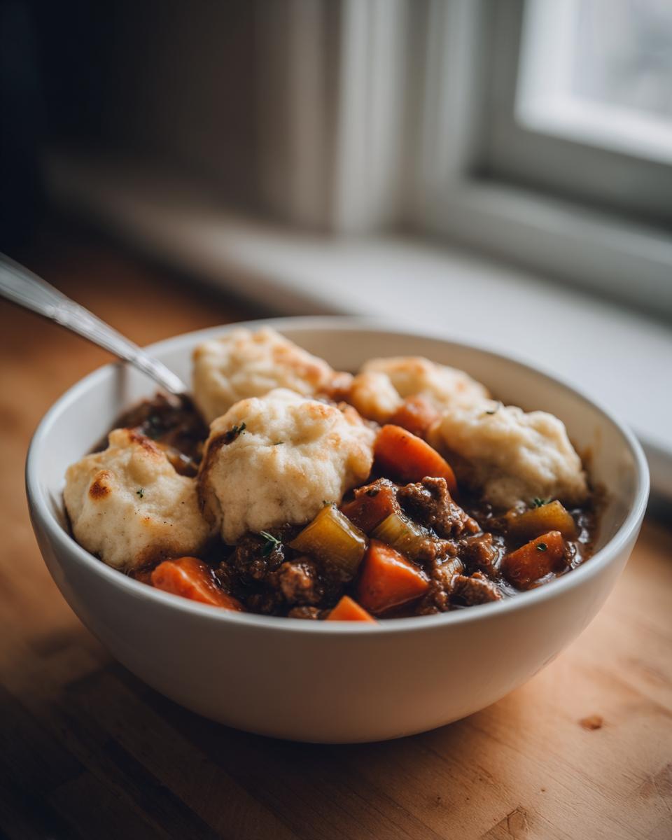 A close-up of a white bowl filled with rich ground beef and dumplings stew, featuring carrots and celery.