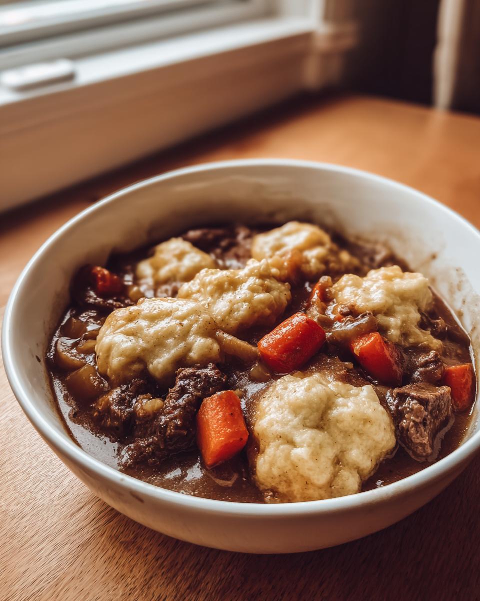 A close-up of a white bowl filled with rich ground beef and dumplings stew, featuring chunks of carrots.