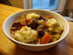 A white bowl filled with rich stew featuring chunks of ground beef and dumplings, carrots, and celery.