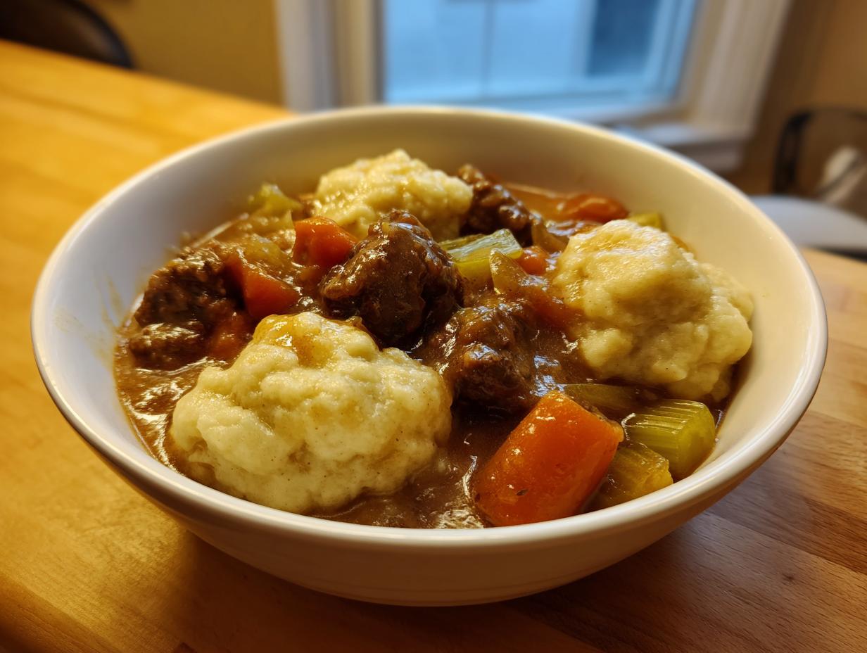 A white bowl filled with rich stew featuring chunks of ground beef and dumplings, carrots, and celery.