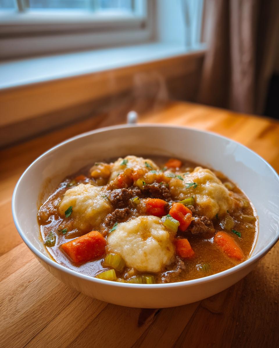 A steaming white bowl filled with rich ground beef and dumplings stew, featuring carrots and celery, set on a wooden table.