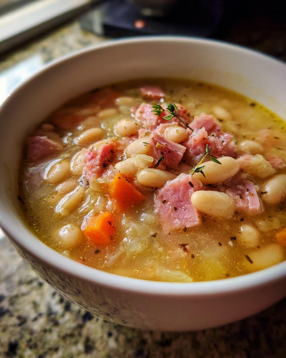 Close-up of a bowl of hearty bean soup featuring white beans, diced ham, carrots, and fresh thyme garnish.