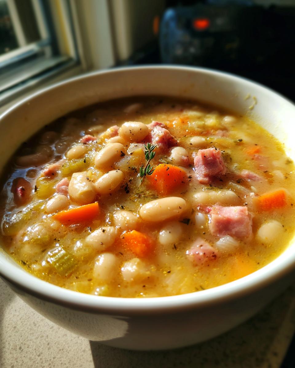 Close-up of a warm bowl of white bean soup, featuring white beans, diced ham, carrots, and celery.