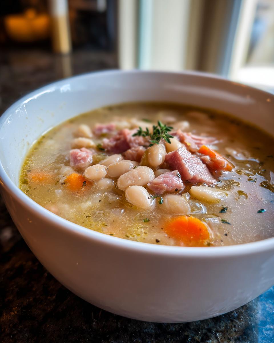Close-up of a white bowl filled with hearty bean soup featuring white beans, diced ham, carrots, and a thyme garnish.
