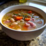 Close-up of a white bowl filled with savory bean soup containing white beans, chunks of ham, carrots, and garnished with thyme.