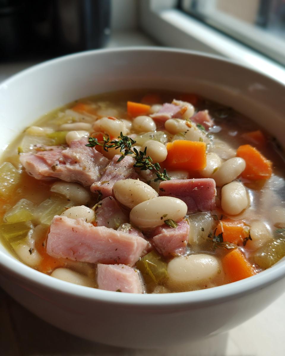 Close-up of a hearty ham and white bean soup, featuring large white beans, chunks of ham, carrots, and celery, garnished with thyme.