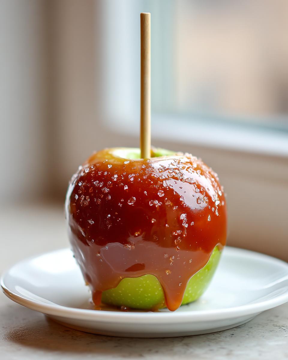 A vibrant green apple covered in thick, dripping caramel and sprinkled with coarse sugar, ready to eat as a caramel apples treat.