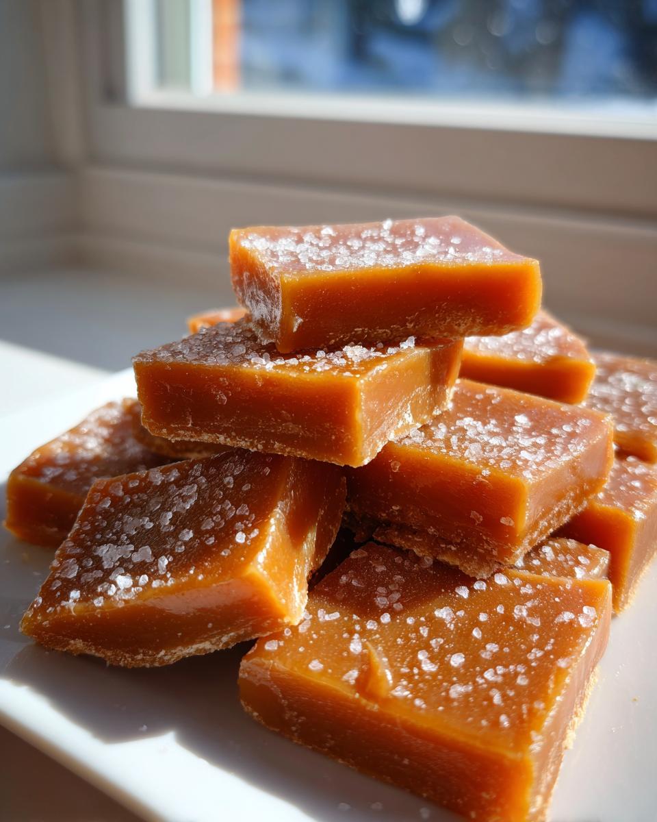 A stack of rich, chewy salted caramel squares sprinkled with flaky sea salt, backlit by a window.