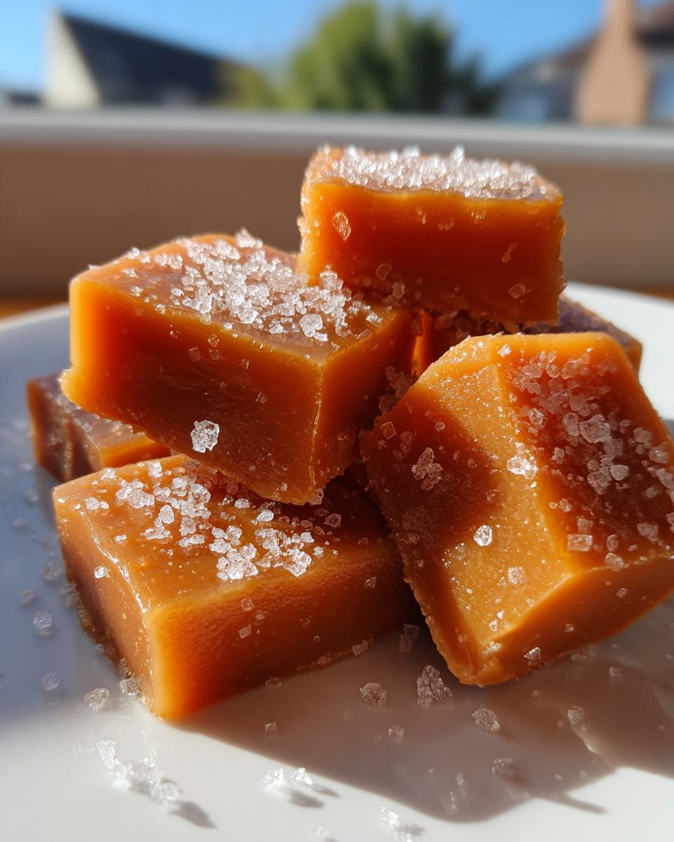 A stack of rich, chewy homemade caramel squares topped with sparkling coarse sea salt.