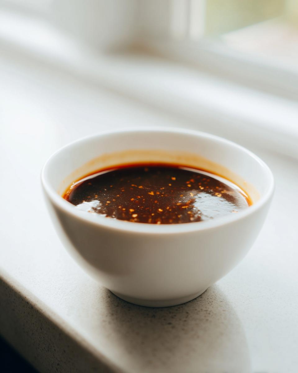 Close-up of rich, dark homemade teriyaki sauce with visible spice flecks in a small white bowl.