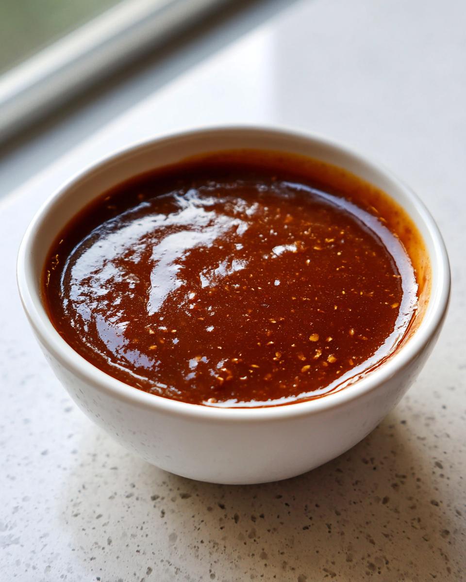 A close-up of thick, glossy homemade teriyaki sauce with visible sesame seeds in a small white bowl.