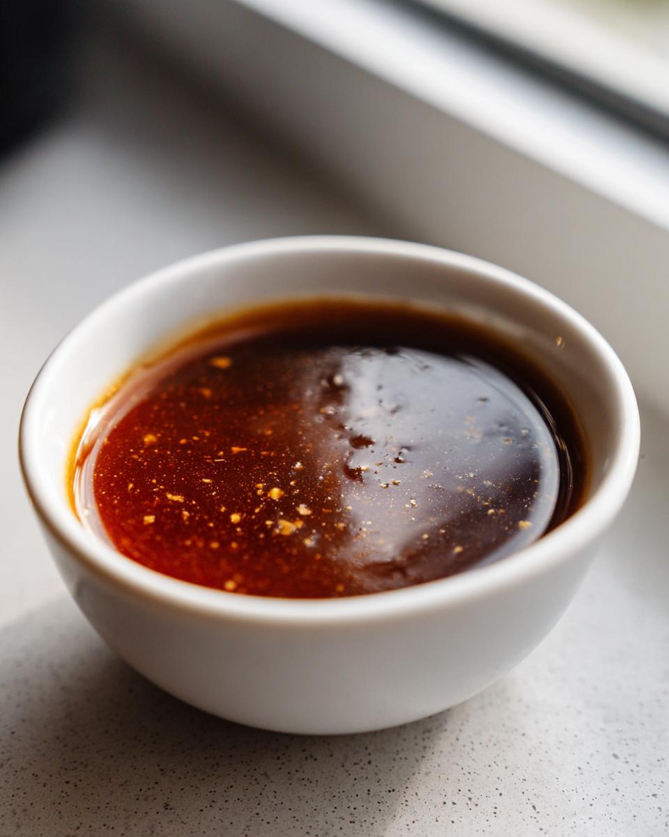 Close-up of rich, dark homemade teriyaki sauce speckled with spices in a small white dipping bowl.