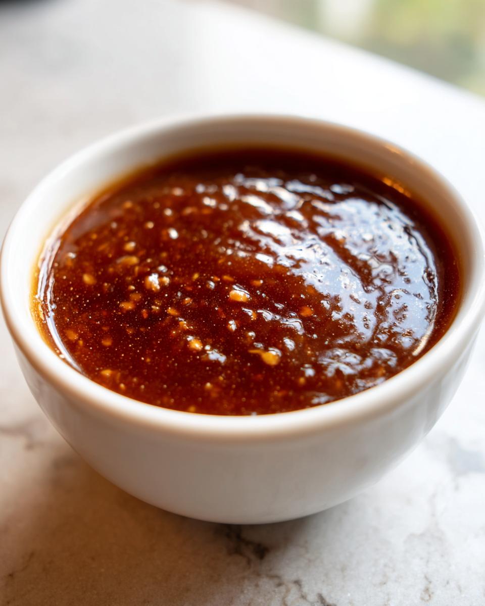 Close-up of thick, glossy homemade teriyaki sauce speckled with minced garlic or ginger in a small white bowl.