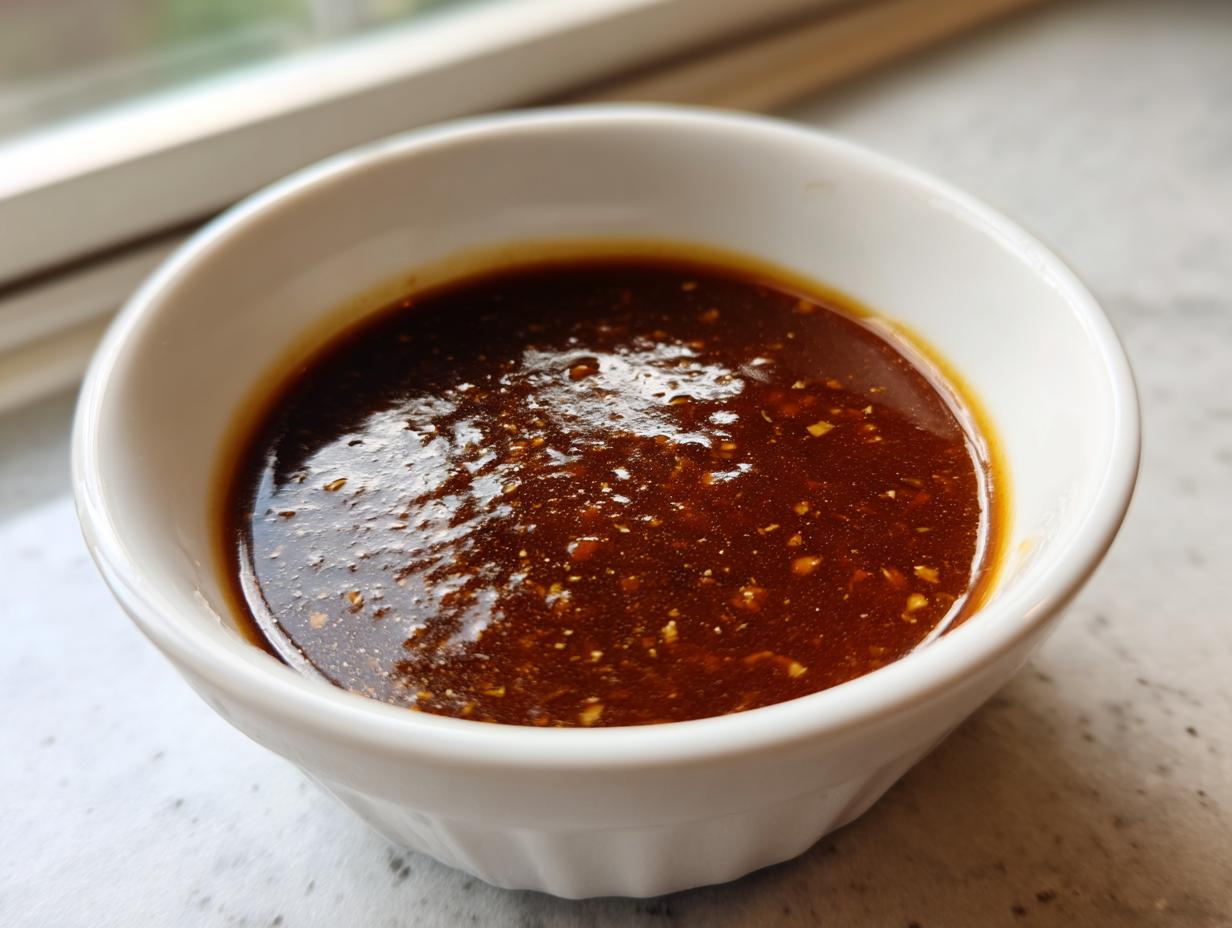 Close-up of rich, dark homemade teriyaki sauce with visible minced garlic or ginger pieces in a white ramekin.