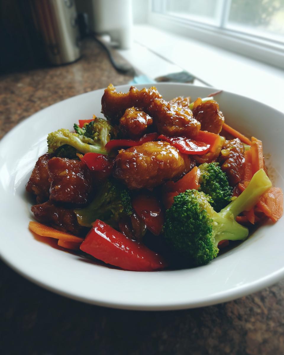 Close-up of a white bowl filled with honey garlic chicken stir fry, featuring glazed chicken pieces, bright green broccoli, red peppers, and carrots.