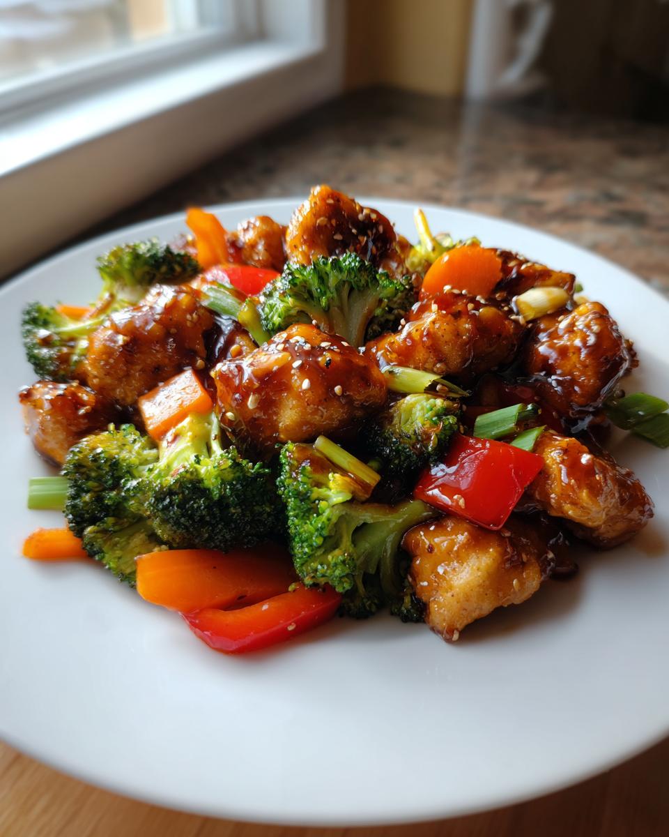 Close-up of glistening honey garlic chicken stir fry mixed with bright green broccoli and red bell peppers on a white plate.