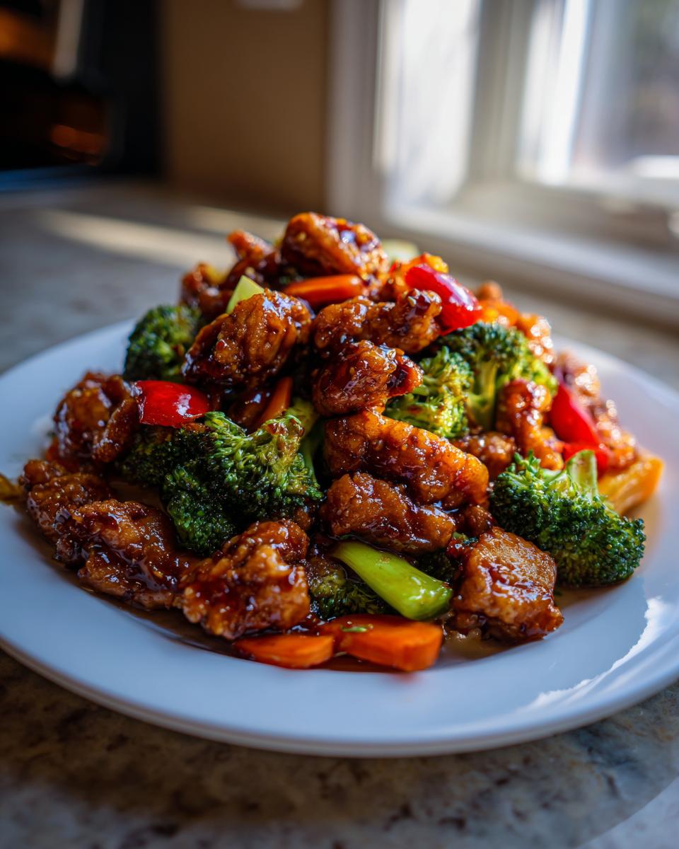 A close-up of glossy, saucy chicken pieces mixed with vibrant broccoli florets and sliced carrots in a honey garlic chicken stir fry.