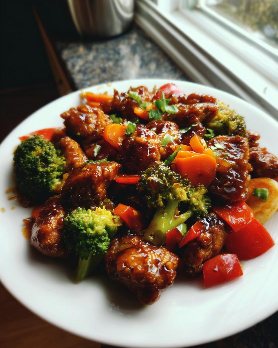 A plate piled high with glossy honey garlic chicken stir fry featuring broccoli, carrots, and red peppers.