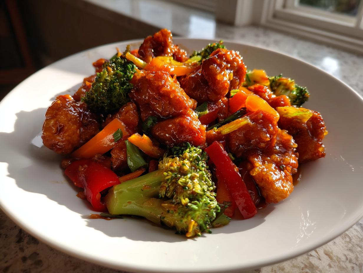 A close-up of glossy, saucy honey garlic chicken stir fry mixed with bright red peppers and green broccoli florets.