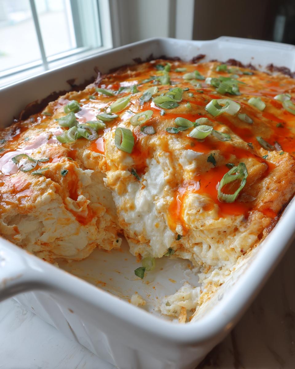 Close-up of creamy, hot Buffalo chicken dip in a white baking dish with a scoop removed, topped with hot sauce and green onions.