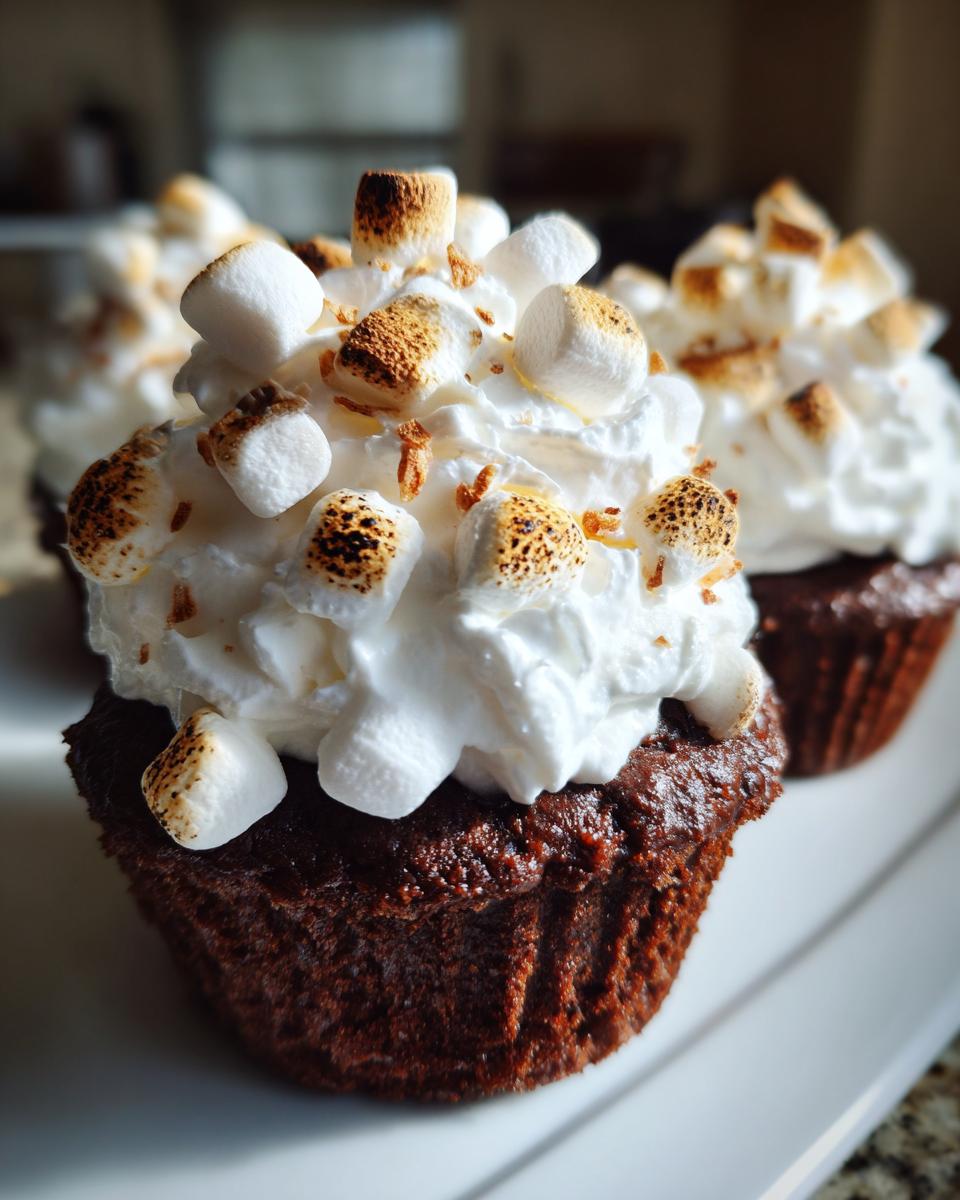Close-up of rich chocolate hot chocolate cupcakes topped with whipped cream and toasted marshmallows.