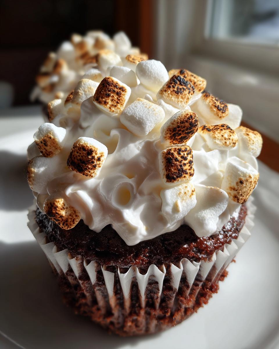 Close-up of a rich chocolate hot chocolate cupcake topped with whipped cream and toasted mini marshmallows.