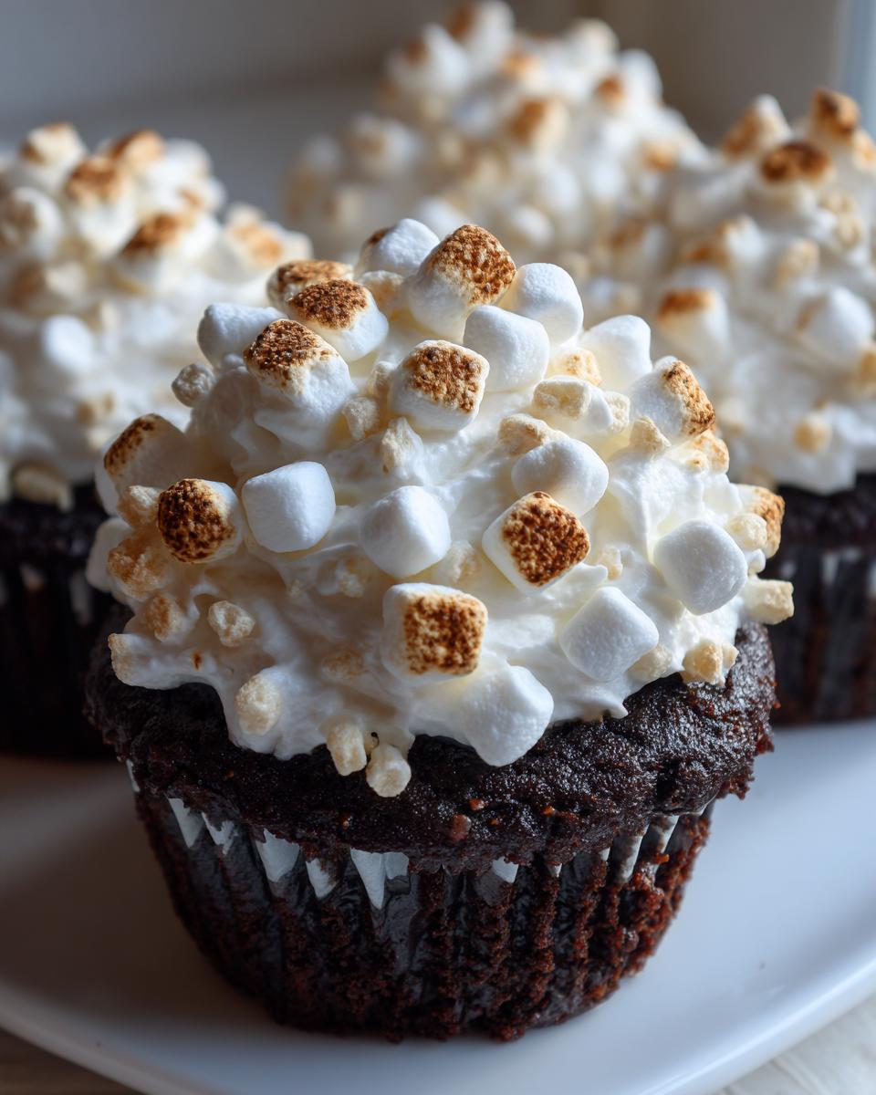 A decadent chocolate cupcake topped with white frosting and mini marshmallows, some of which are lightly toasted, showcasing our hot chocolate cupcakes.