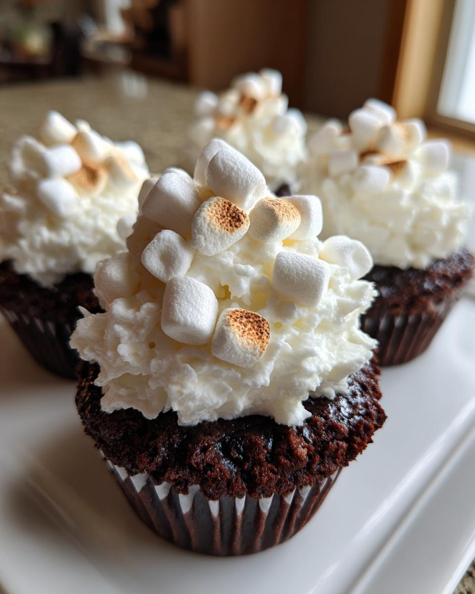 A close-up of rich chocolate hot chocolate cupcakes topped with whipped cream and toasted mini marshmallows.