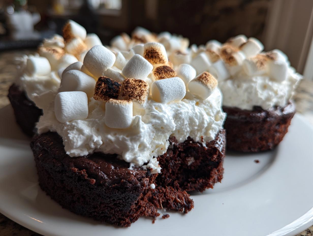 Close-up of rich, dark hot chocolate cupcakes topped with whipped cream and toasted mini marshmallows.