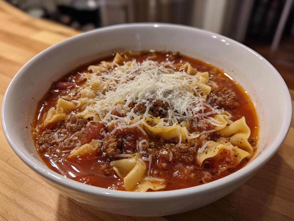 Close-up of a white bowl filled with rich Instant Pot Lasagna Soup, topped generously with shredded Parmesan cheese.