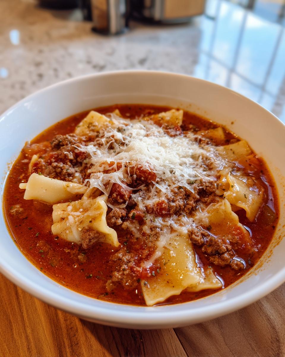 Close-up of a white bowl filled with rich Instant Pot Lasagna Soup topped with ground meat sauce and grated Parmesan cheese.
