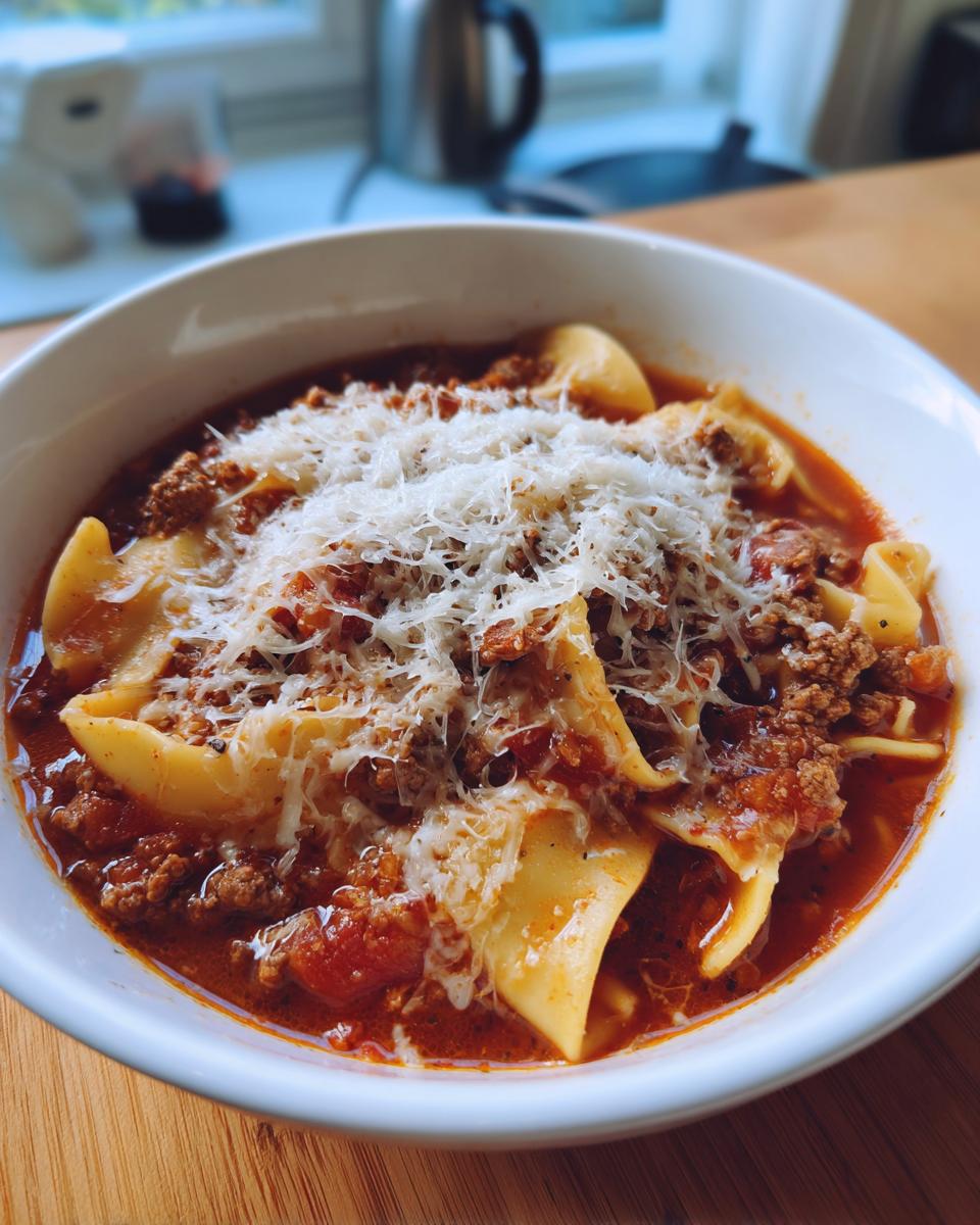A close-up of a white bowl filled with rich Instant Pot Lasagna Soup, topped generously with shredded Parmesan cheese.