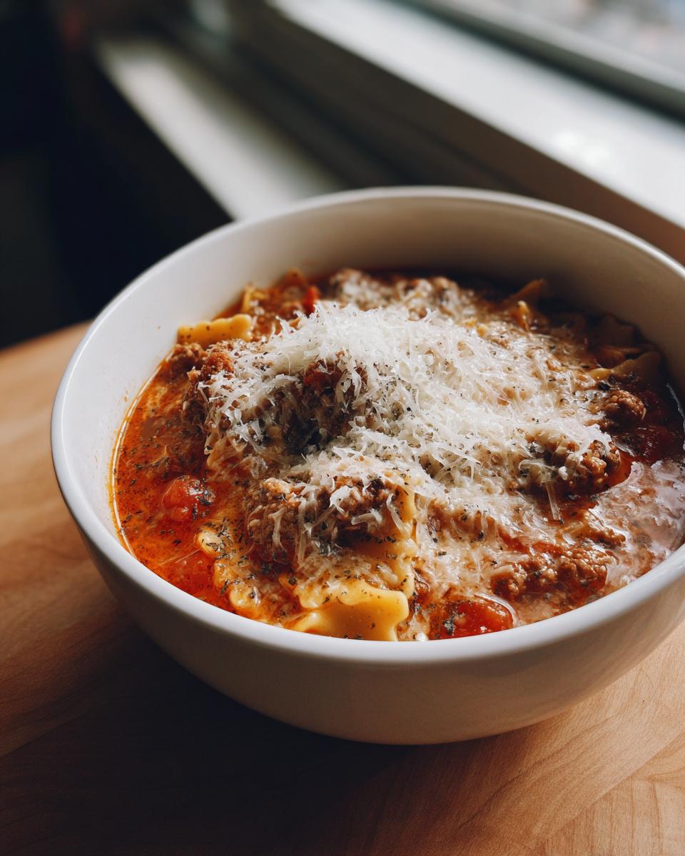 A close-up of a white bowl filled with rich Instant Pot Lasagna Soup, topped generously with shredded Parmesan cheese.