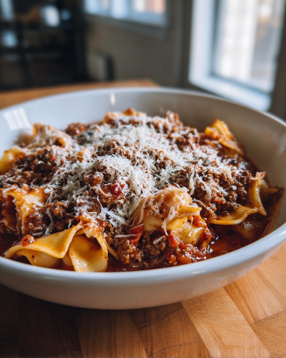 A white bowl filled with rich Instant Pot Lasagna Soup, featuring pasta, meat sauce, and grated Parmesan cheese.