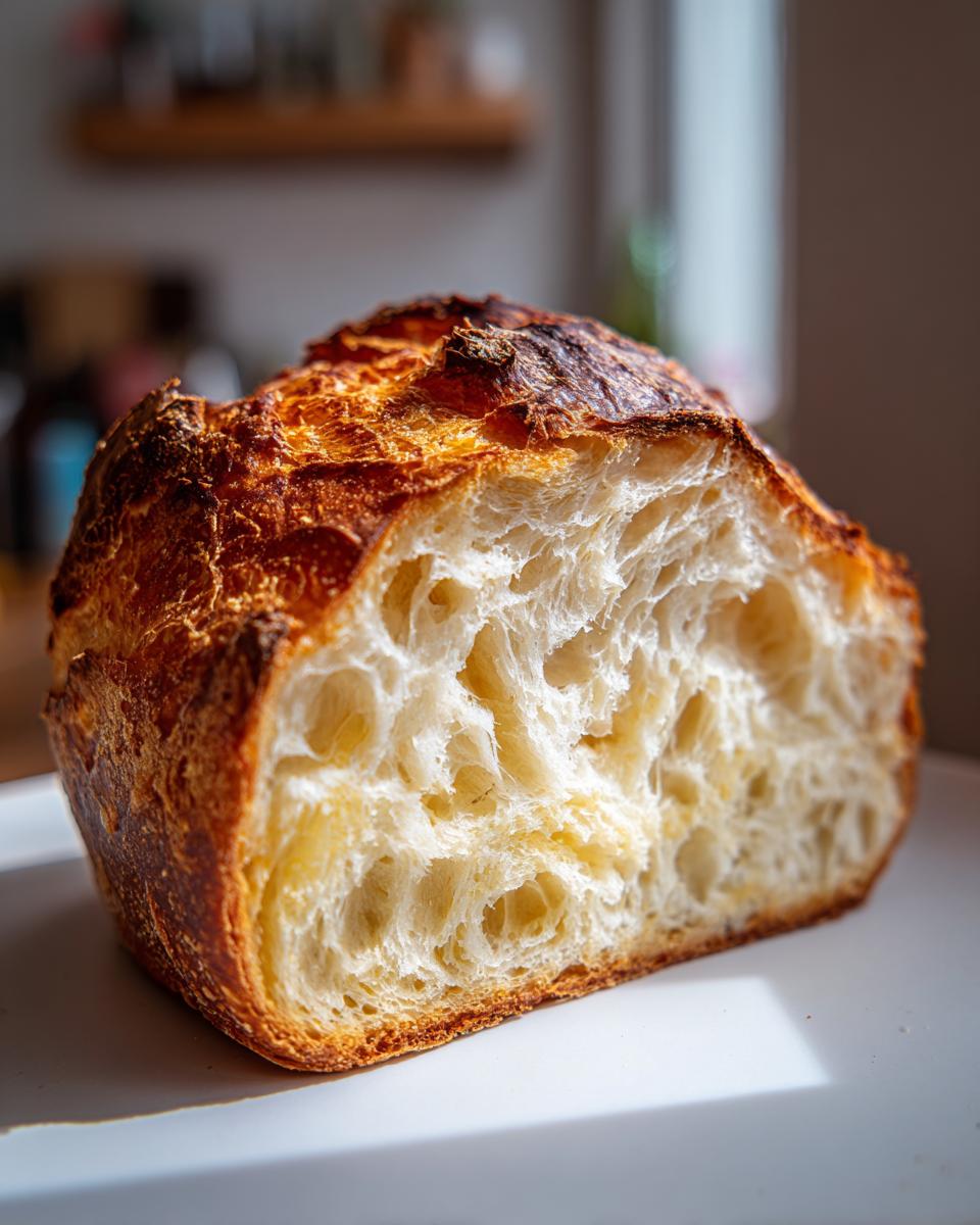 Cross-section view showing the airy, open crumb structure of a freshly baked Italian bread.